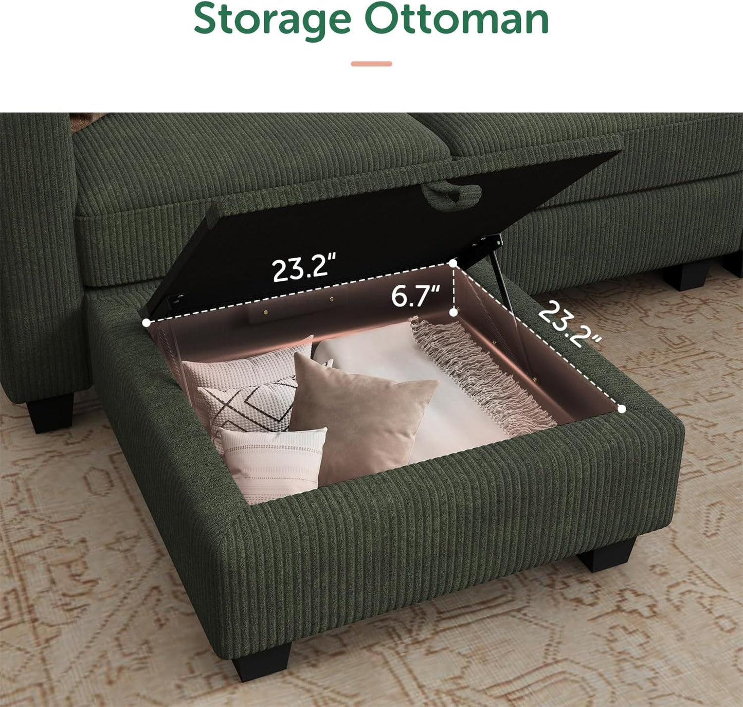 HONBAY Corduroy Sectional Sofa with Storage, U Shape Modular Sectional Sofa with Chaise, Modular Couches for Living Room, Green