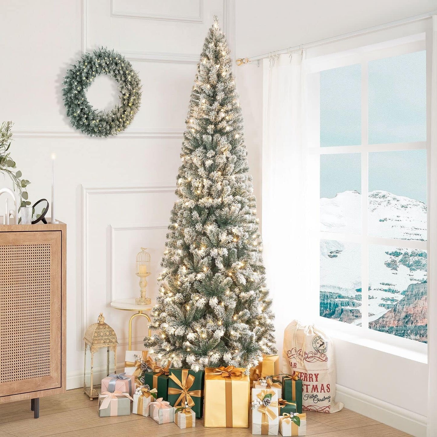 Naomi Home Salzburg 9ft Frosted Prelit Slim Artificial Christmas Tree with 1455 Branch Tips, 500 Warm Lights and Metal Stand, 37" Wide Realistic Snow Flocked Skinny Pencil Christmas Tree