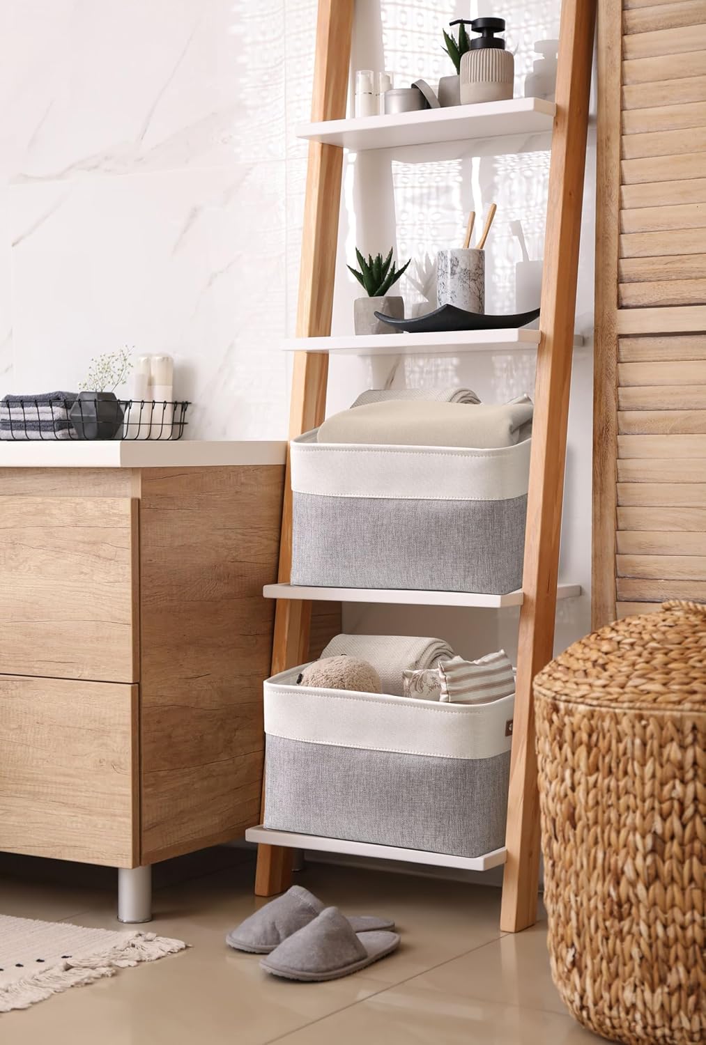 DECOMOMO Storage Baskets for Shelves - Fabric Closet Organizers and Storage Bins, Perfect Baskets for Organizing Closet Toys Nursery (Grey and White, XL - 4 Pack)