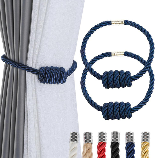 Fenghuangwu 2Pack Magnetic Curtain Tiebacks – Bohemian Style Handmade Woven Tie-Backs for Drapes,Elegant Exquisite Knot Holdbacks,Outdoor Boho & Modern Home Decor（Navy