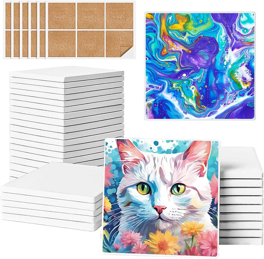 Ceramic Tiles for Crafts, GOH DODD 36 Pack Unglazed Blank Coasters with Cork Backing for Alcohol Ink Painting Acrylic Pouring Art Projects Housewarming Gifts Wedding School Education, 4 Inch