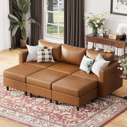 91.5" Luxury Modular Sleeper Sofa Bed with Storage Seat, 6 Seat Sectional Couch Deep Seat with Reversible Chaises & Removable Cover for Living Room - Faux Leather Brown