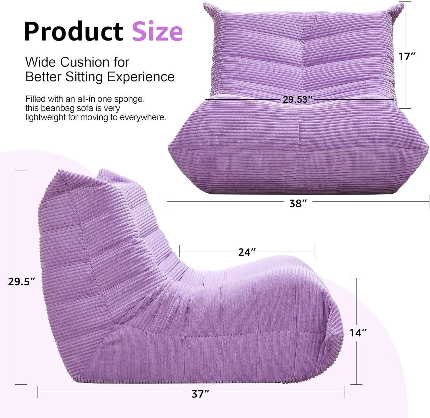 Bean Bag Chairs for Adults Giant Bean Bag Chair Memory Foam BeanBag Chair Big Bean Bag Sofa with Filler Faux Fur Fireside Beanbags Lazy Sofa for Living Room Bedroom Dorm Office (Purple Corduroy)