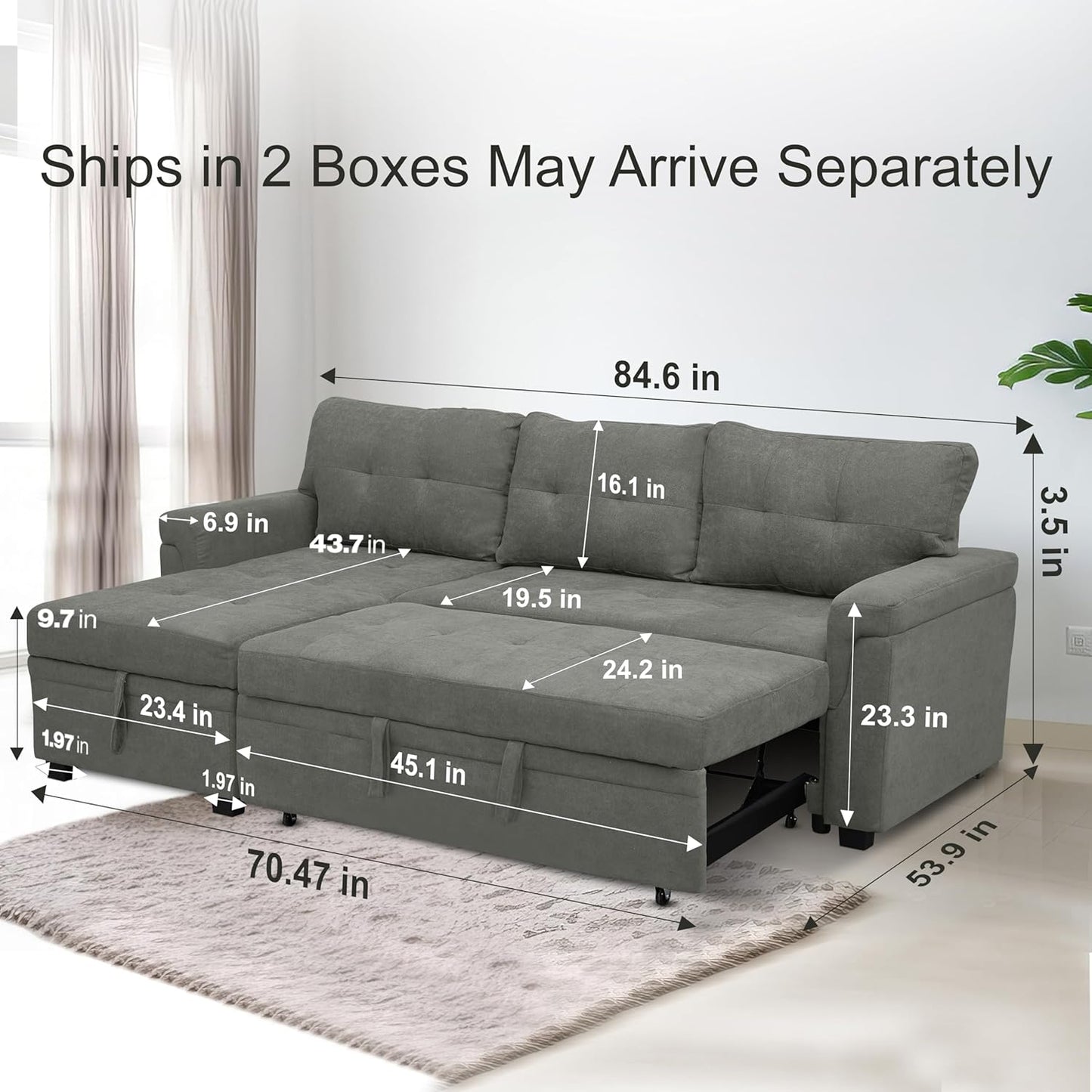 Naomi Home Transform Any Space: Sleeper Sectional Sofa with Convertible Sofa Bed & Inviting Chaise. Find Tranquil Comfort with Stress-Relieving Design & Durable Cushions - Gray/Velvet