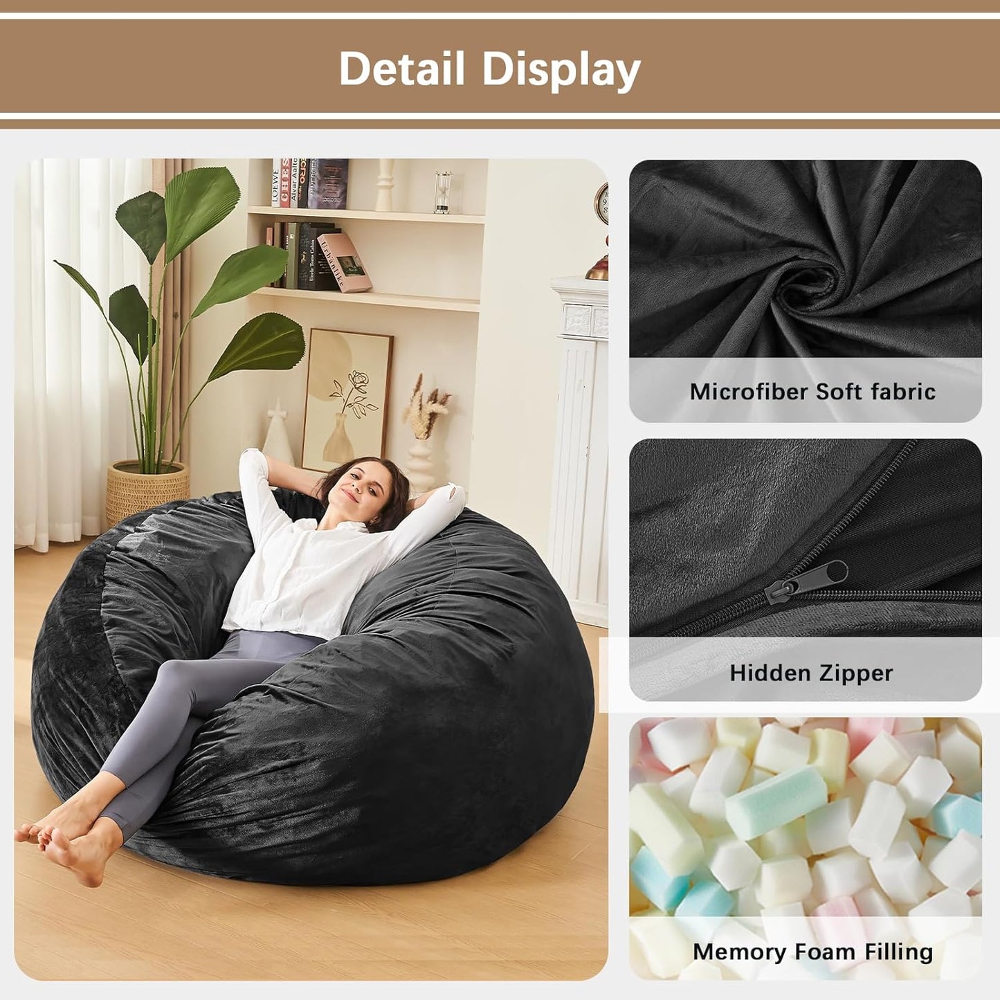 Bean Bag Chairs for Adults - Memory Foam Furniture BeanBag Chair - Kids/Teens Sofa with Soft Micro Fiber Cover - Round Fluffy Couch for Living Room Bedroom College Dorm - 5 ft, Carbon Black