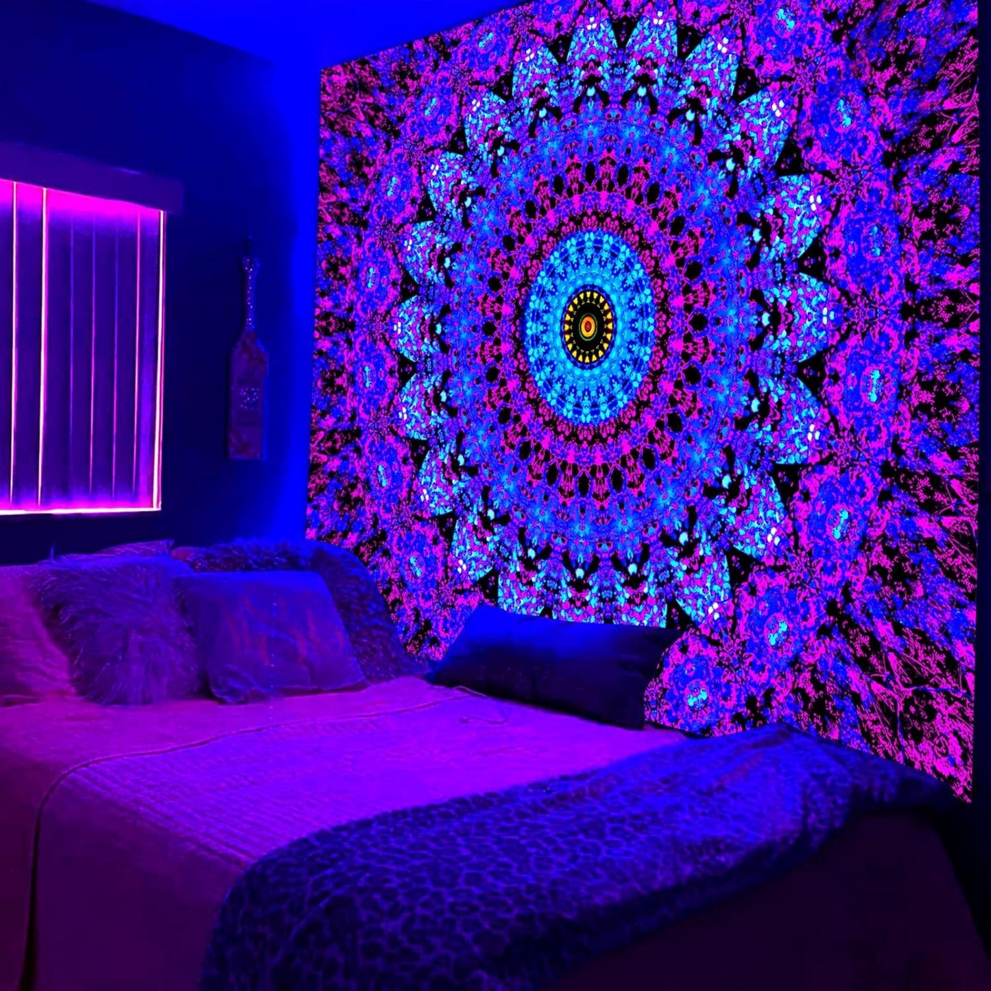 Blacklight Mandala Boho Tapestry, Black Light Bohemian Hippie Poster for Adults and Teens, UV Reactive Aesthetic Wall Art Decor for Bedroom (90 x 70 Inches)