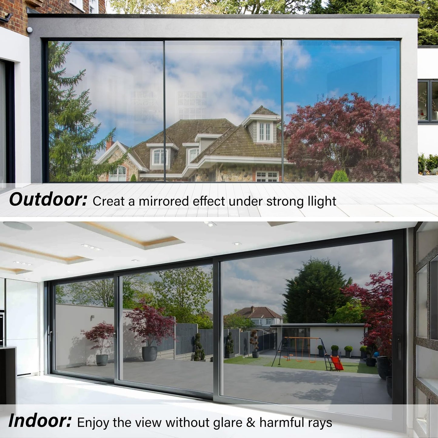 Kromapolis One Way Window Privacy Film Reflective Mirror Home Window Tint, Daytime Privacy Heat Control Anti UV Glass Tinting Static Cling (Silver, 45.2 x 393.7 inch)