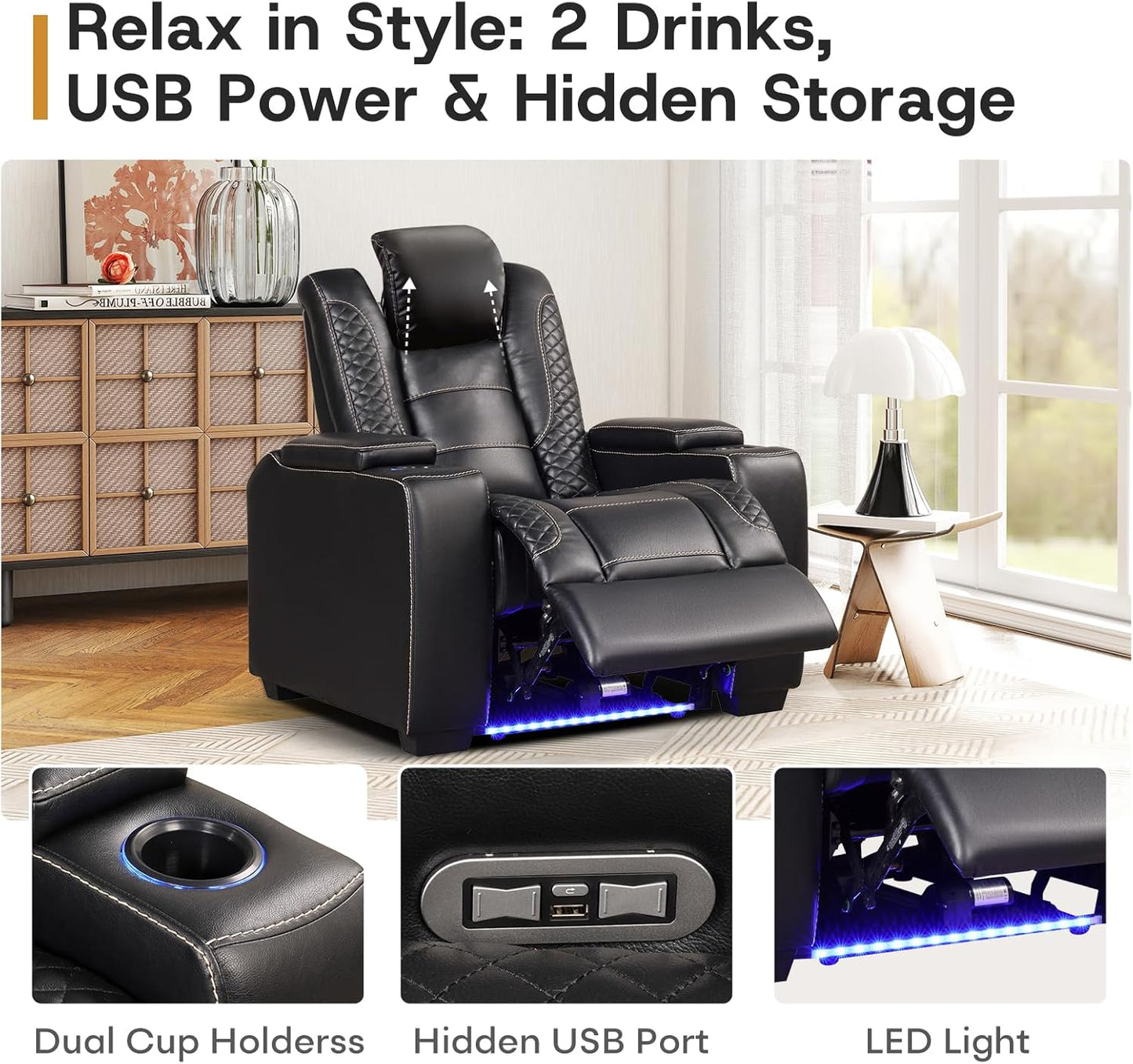 ANJ Power Home Theater Seating Set of 2, PU Leather Electric Recliner Chair with Powered Headrest, Dual Motors Movie Reclining Chairs with LED Lights,USB Port, Cup Holders, Hidden Arm Storage (Black)