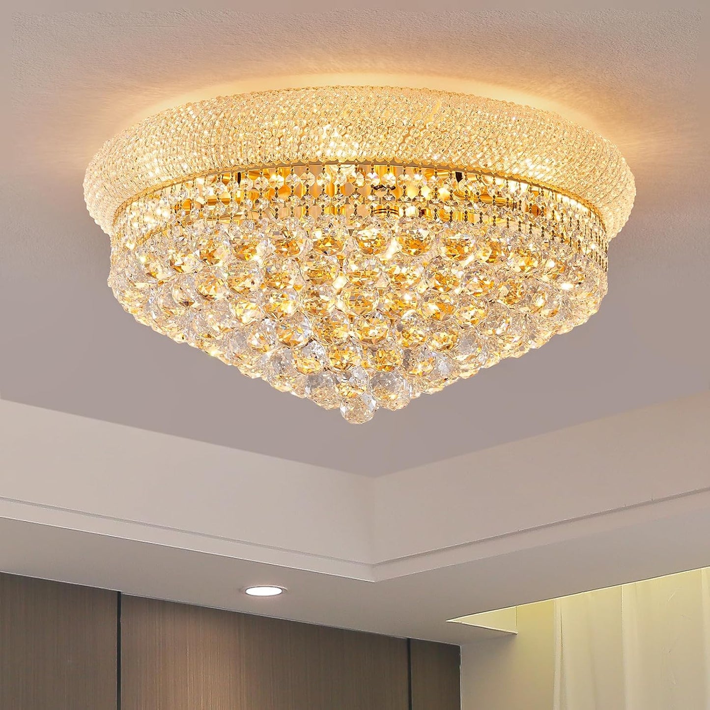 12-Light Crystal Flush Mount Chandelier Ceiling Light Fixture for Living Room Dining Room Bedroom Foyer Entryway Hallway Closet Bathroom (Gold D24)