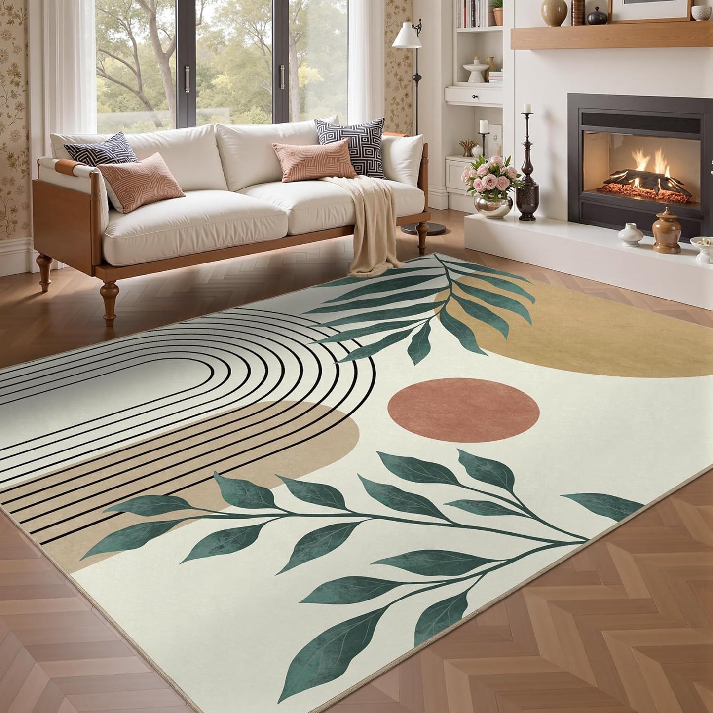Indoor Outdoor Area Rug, Mid Century Sun Outdoor Patio Rug,Washable Abstract Art Leaves Eucalyptus Runway Rugs Non-Slip Carpet for Camping, Bedroom, Deck(8x10)