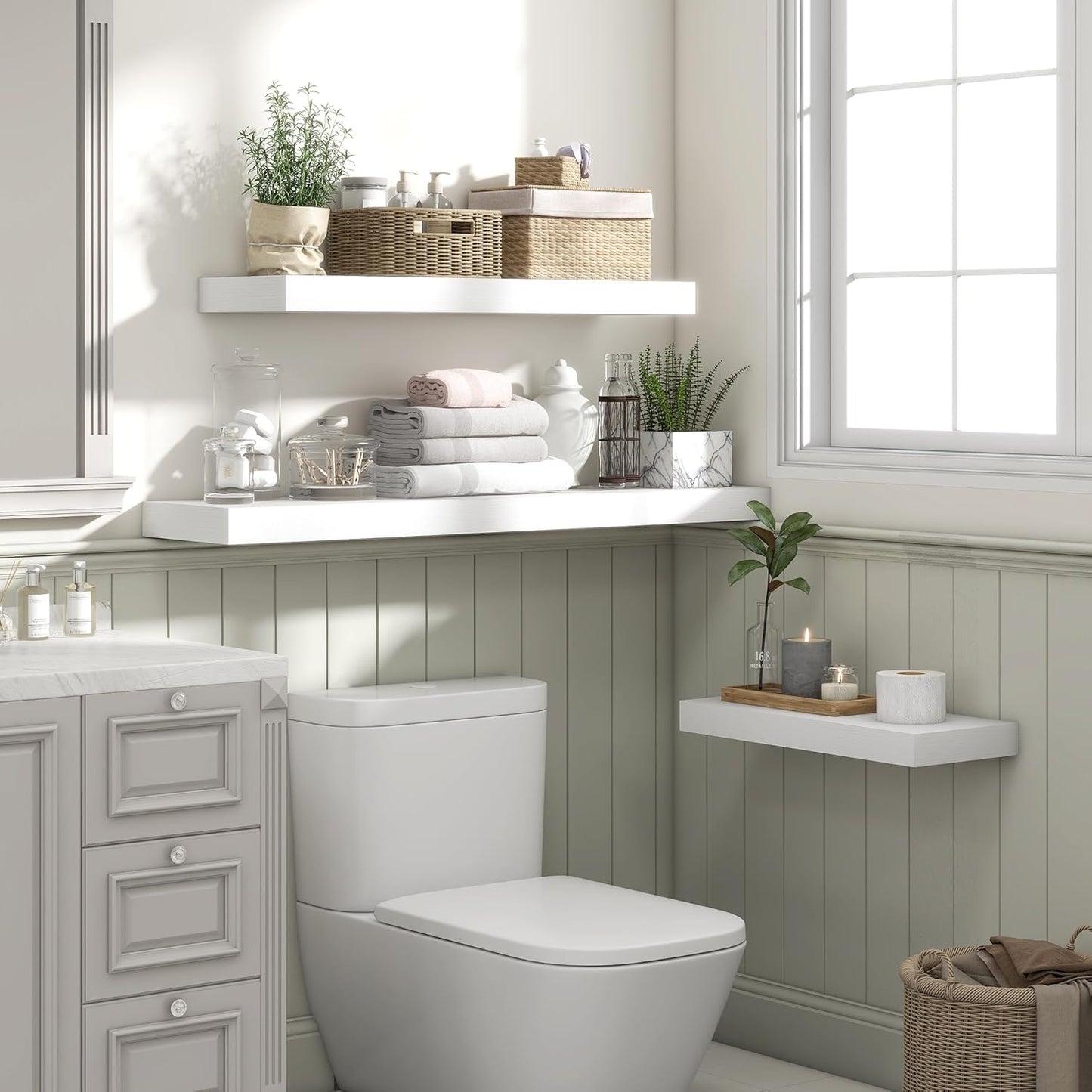 Heimlove 48" White Floating Shelves for Wall,10 Deep Rustic Wood Display & Storage Wall Shelves with Heavy Duty Brackets for Bathroom,Bedroom,Kitchen,Living Room,Office,Set of 2