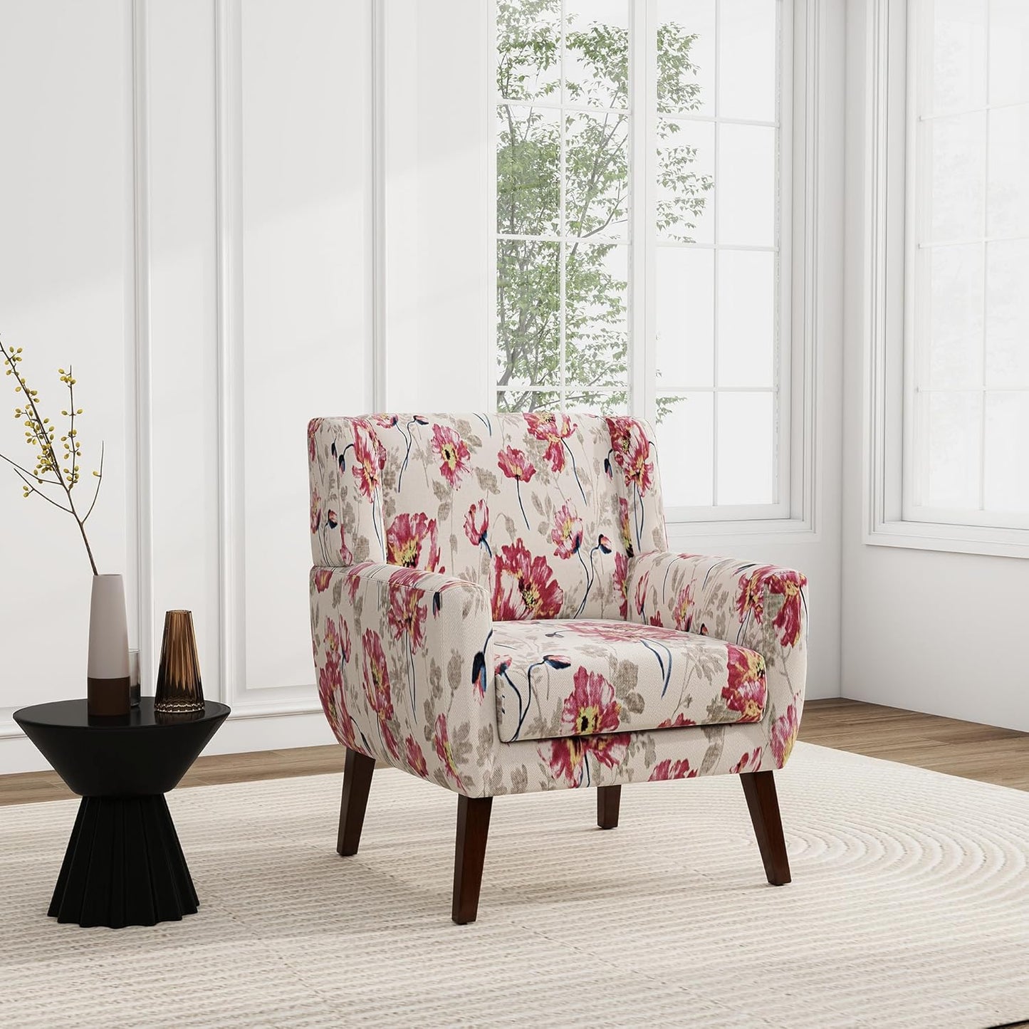 UIXE Floral Accent Chair, Modern Upholstered Armchair in Fabric for Living Room, Comfy Club Arm Chairs Single Sofa Button Tufted Bedroom Reading Seat - Pattern White, Set of 1