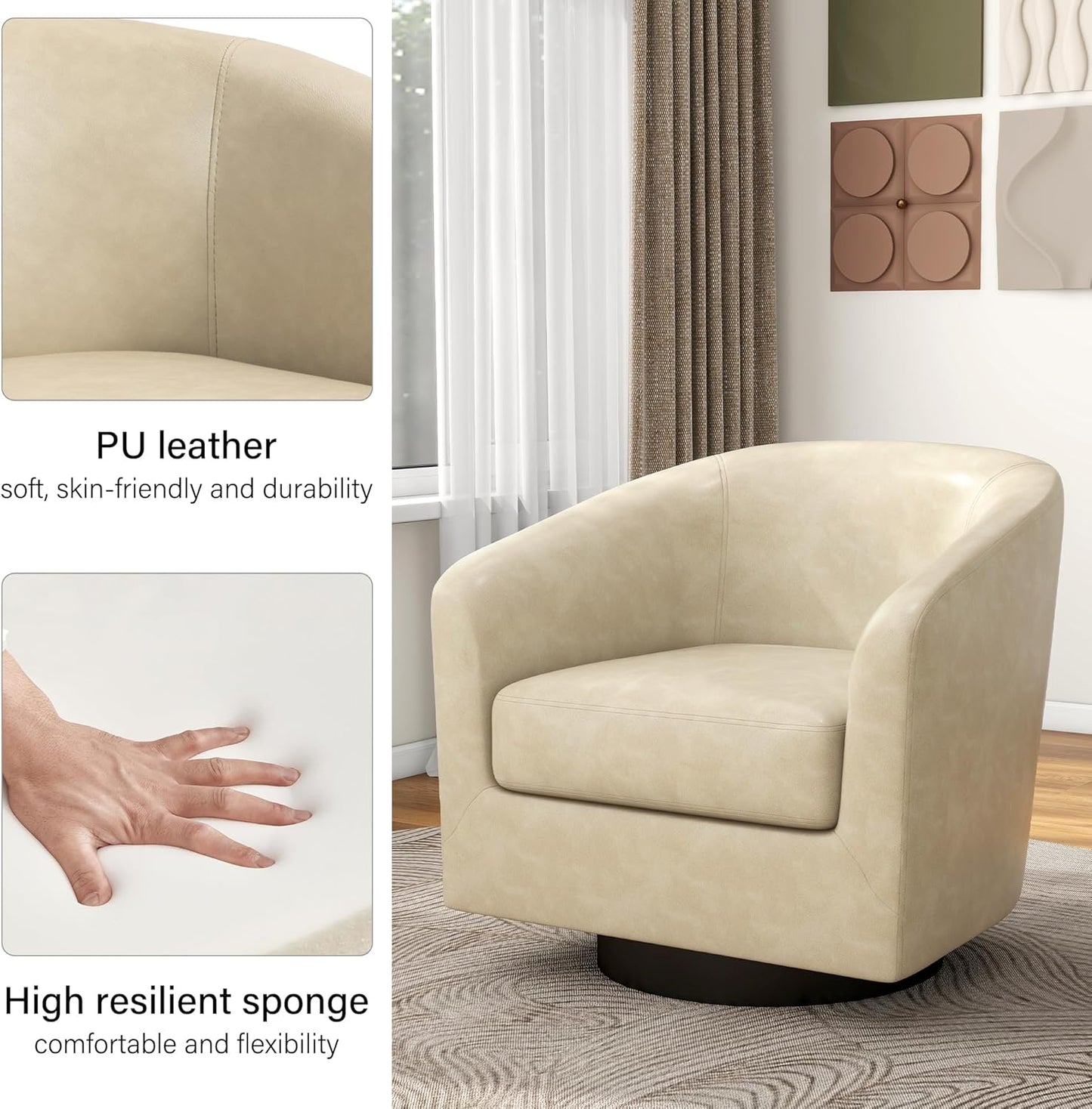 Swivel Barrel Accent Chair, Modern Round Faux Leather Arm Chair for Living Room, Bedroom, Comfy Club Reading Chairs for Adults(Faux Leather, Cream, Set of 4)