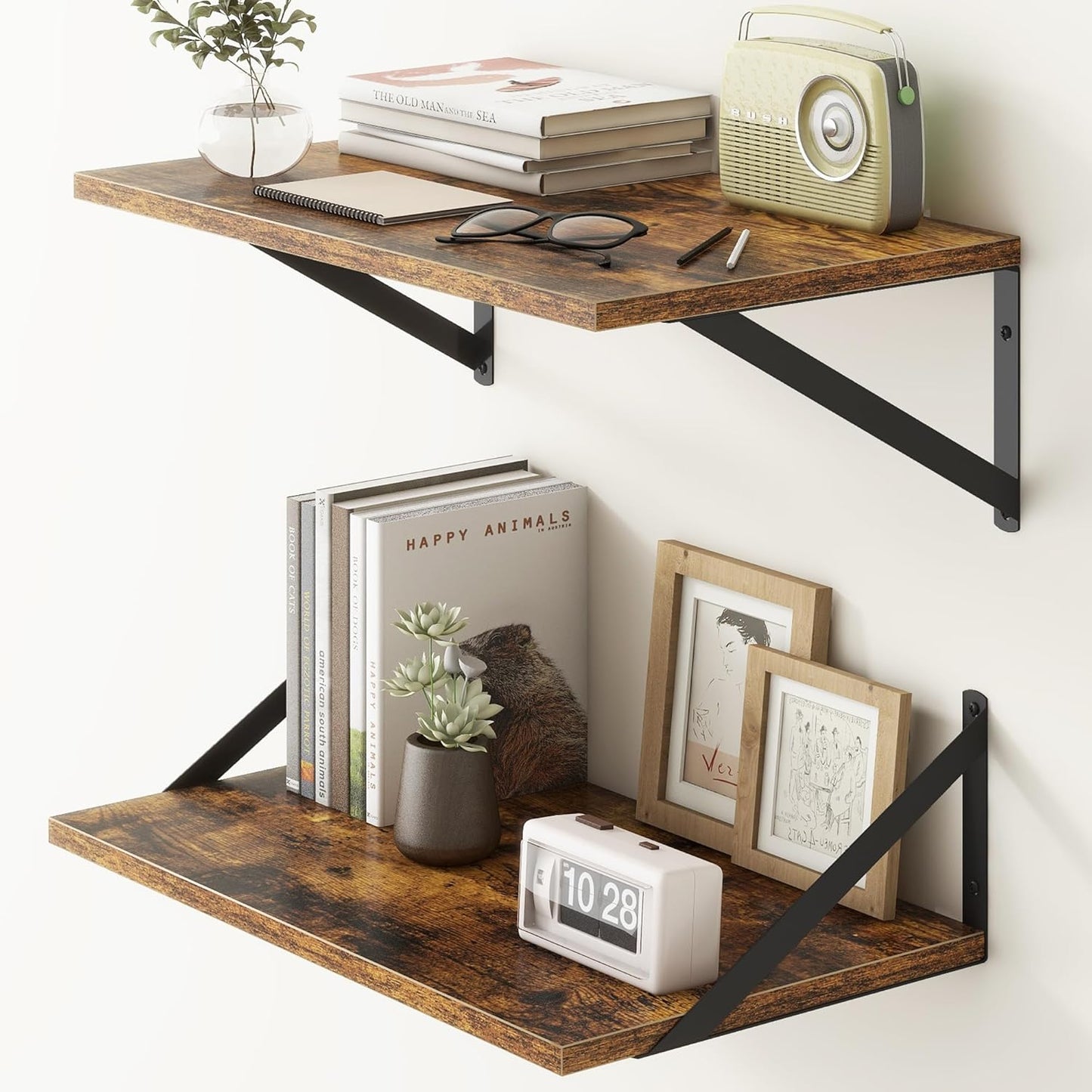 Fun Memories 20 Inch Floating Shelves, Deep Wall Shelves for Kitchen, 20 x 12 Floating Shelf for Living Room, Bedroom, Farmhouse Floating Shelves for Home Decor Storage, Rustic Brown, Set of 2