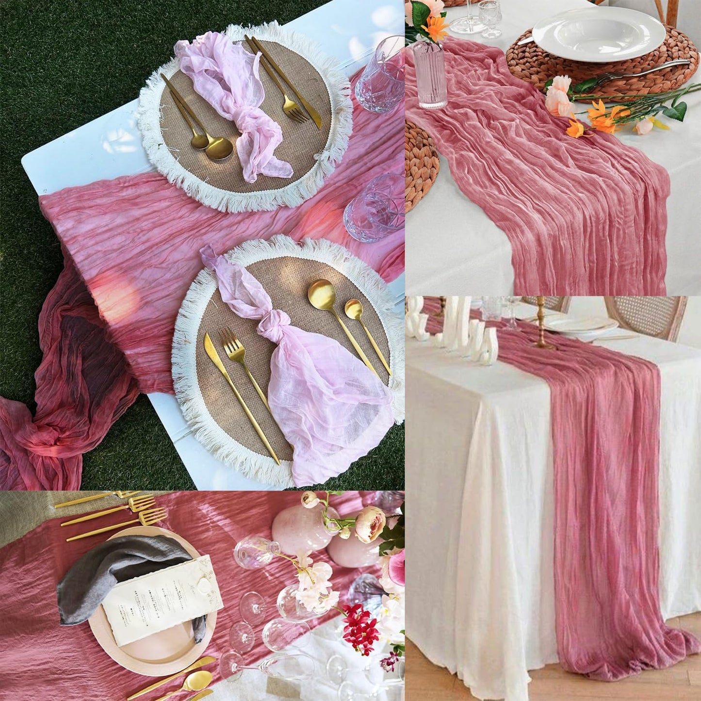 6 Pack Dusty Rose 10FT Cheesecloth Table Runner 20 x 120 Inch Long Rustic Gauze Fabric Cheese Cloth Table Runner for Wedding Bridal Baby Shower Table Decorations Boho Sheer Birthday Party Table Decor
