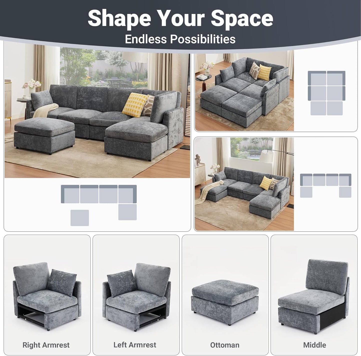 Tbfit U Shaped Couch, Sectional Sofa for Living Room,Chenille Cloud Couch with Ottoman 6 Seat, Grey