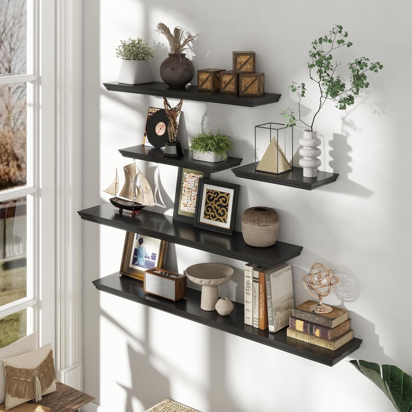 Floating Shelves for Wall, 36 Inch Long Wall Mounted Black Hanging Shelf for Kitchen, Living Room, Office, Bedroom, Bathroom, Retro Vintage Wood Bookshelf for House Decor