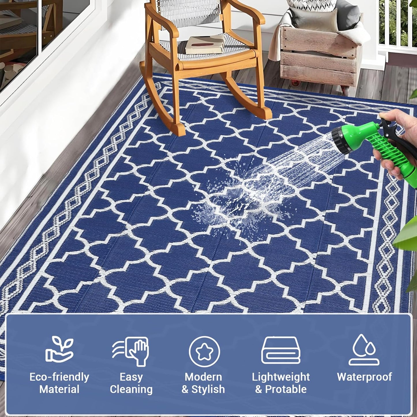 GAOMON Outdoor Rug 9'x12' Waterproof Rug for Patio Decor, Foldable Reversible Plastic Straw Area Rugs Mat for Camper, Outside Carpet for Deck, Porch, Picnic, Beach, Navy/White(Geometric)