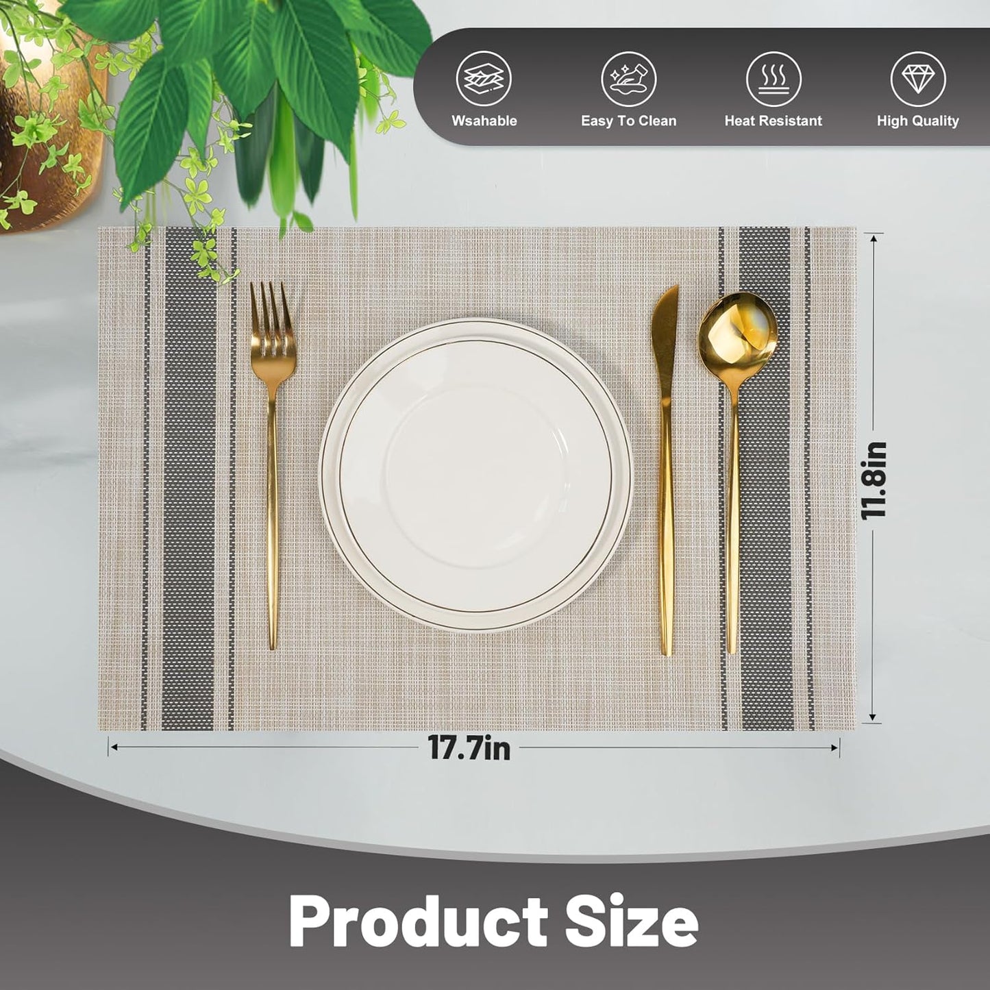 Placemats Set of 12，Non-Slip PVC Weave Table Mats Easy to Clean，Heat Resistant Place Mats for Kitchen Dining Table Decoration Indoor Outdoor，Khaki Gray
