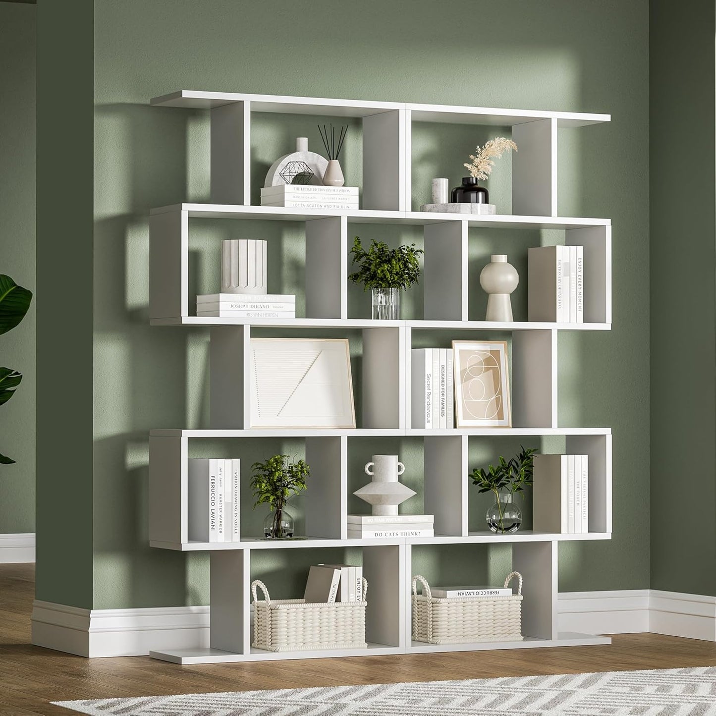 White 5-Tier Geometric Bookcase, S-Shaped Modern Bookshelf Set of 2, 62.6" Tall Room Divider Book Shelf, Decorative Display Shelf
