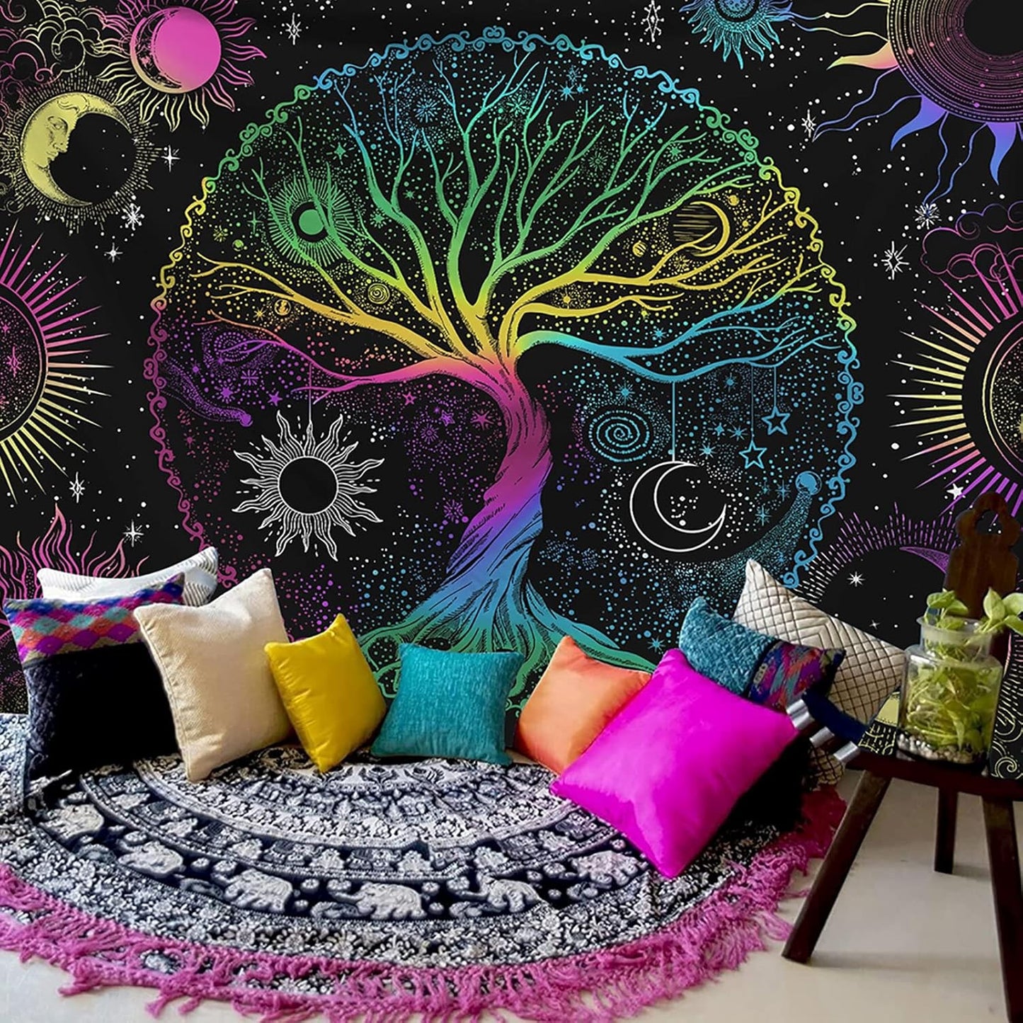 AACKart Blacklight Tapestry for Bedroom - Spiritual Tree of Life Wall Tapestry Glow in the Dark Wall Hanging 90.5 x 70.8 inches