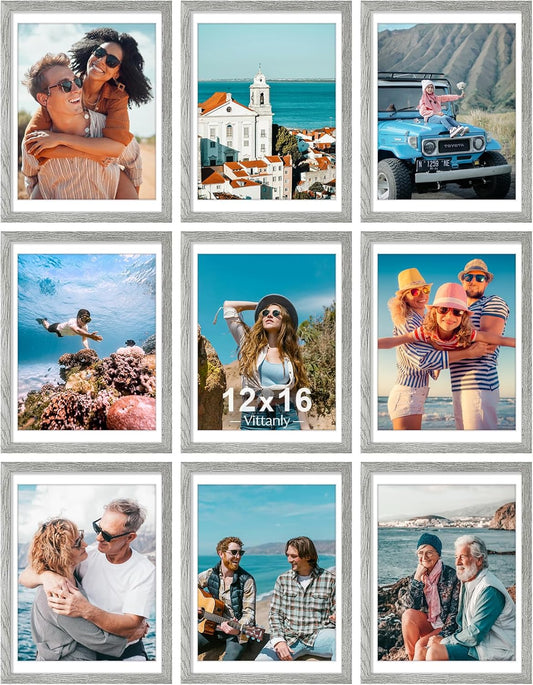 Vittanly 12x16 Picture Frames Set of 9, Shatter Resistant Plexiglass, Display 11x14 Pictures with Mat or 12x16 without Mat, Photo Frames for Wall Mount, Engineered Wood, Grey