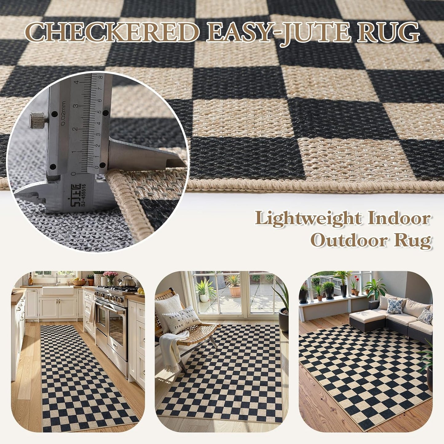 Lahome Checkered Easy Jute Outdoor Rug, 5x7 Farmhouse Rugs for Living Dining Room, Washable Non Slip Non Shedding Floor Carpet for Sunroom Mudroom Backyard Deck