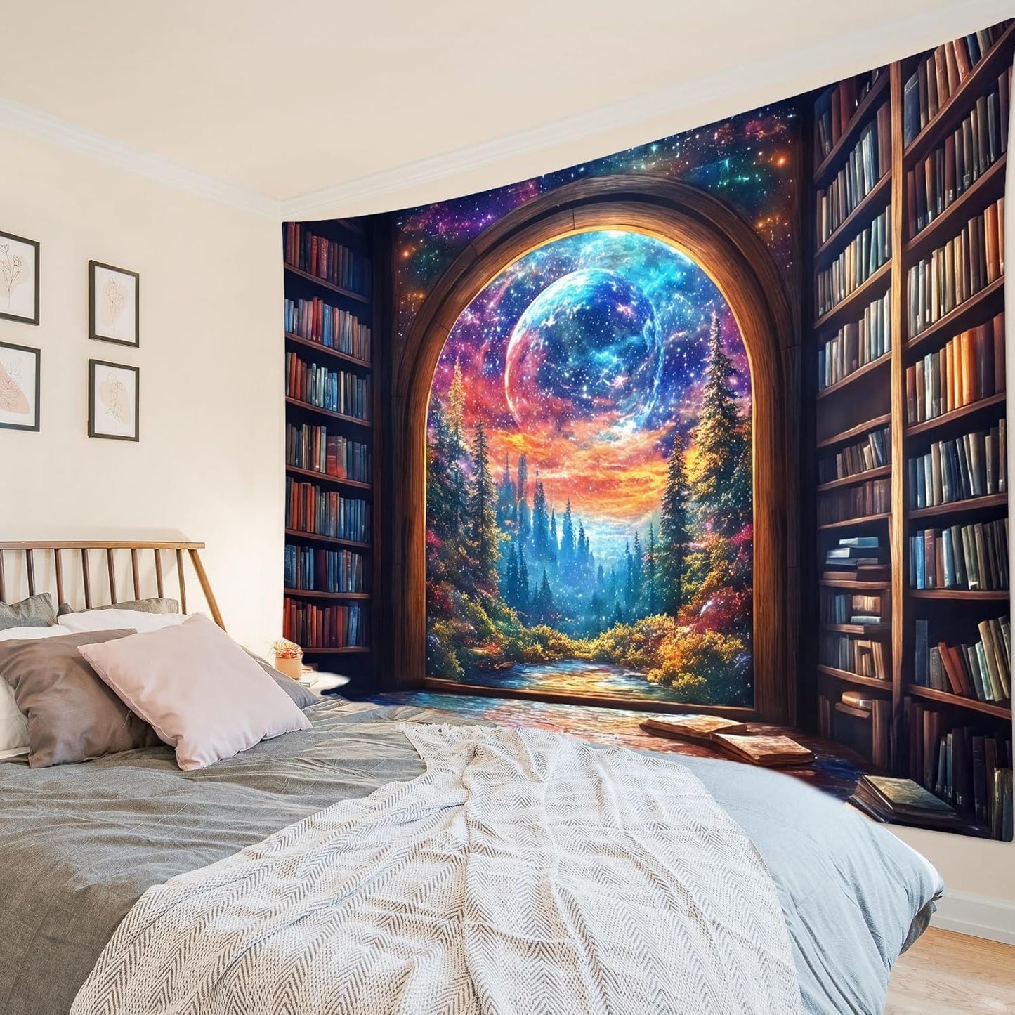 LB Fantasy Bookshelf Moon Tapestry, Trippy Tree and Vintage Library in Forest Wall Tapestry for Bedroom, Galaxy Cool Wall Art for Living Room Dorm Classroom Home Decor Ready to Hanging, 80 x 60 Inches