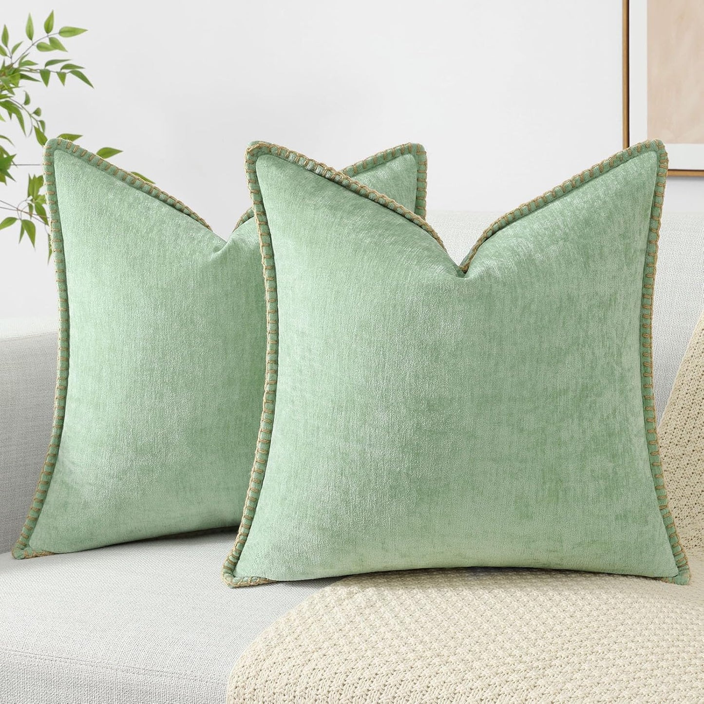 decorUhome Chenille Soft Throw Pillow Covers 16x16 Set of 2, Farmhouse Velvet Neutral Decorative Euro Pillow Covers with Stitched Edge for Couch Sofa Bed Home Decor, Sage Green