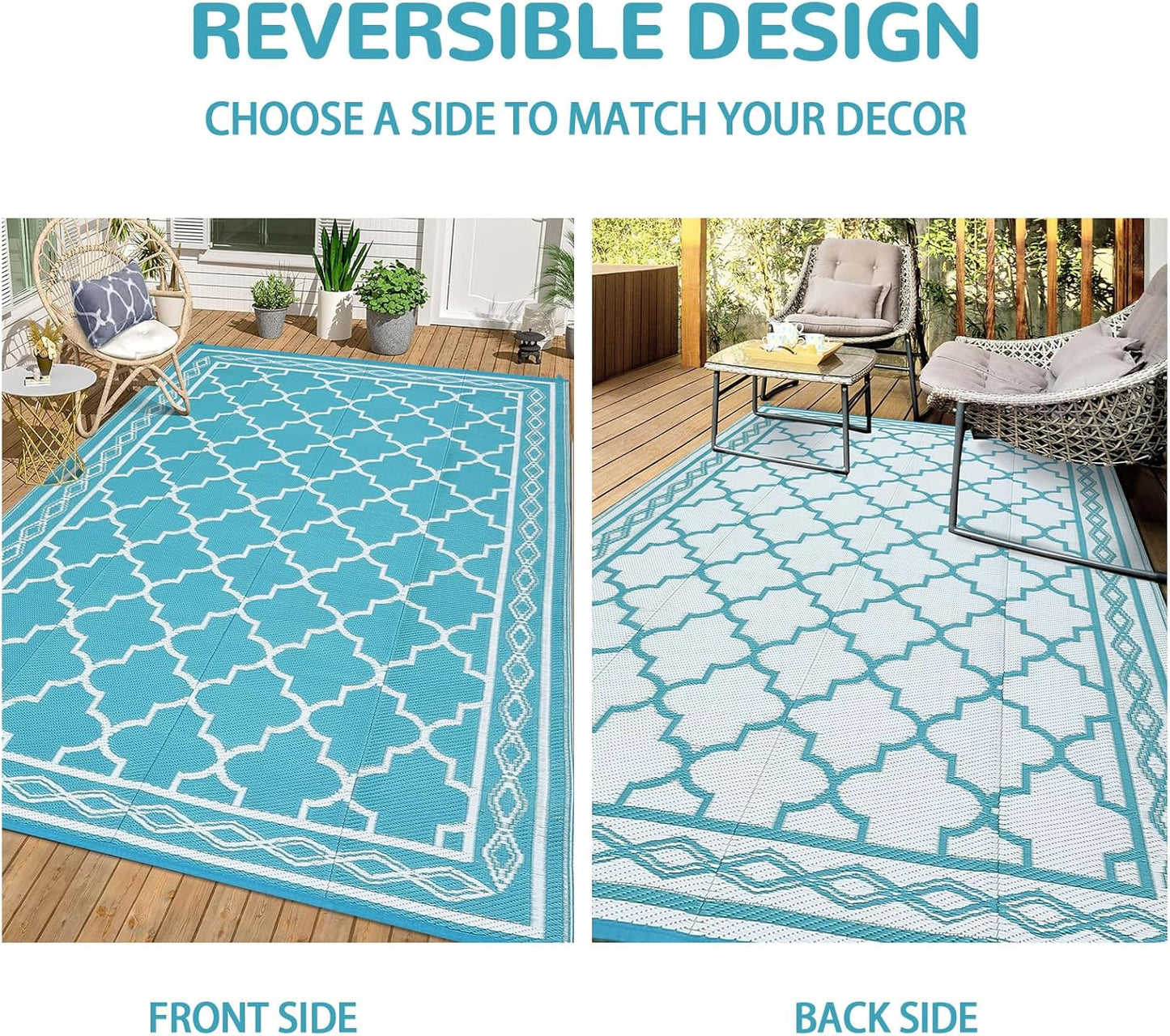 GAOMON Outdoor Rug for Patio 5'x8' Reversible Plastic Rugs Camping Mat for Outdoor, RV, Backyard, Deck, Balcony, Picnic, Beach, Teal/White(Geometric)