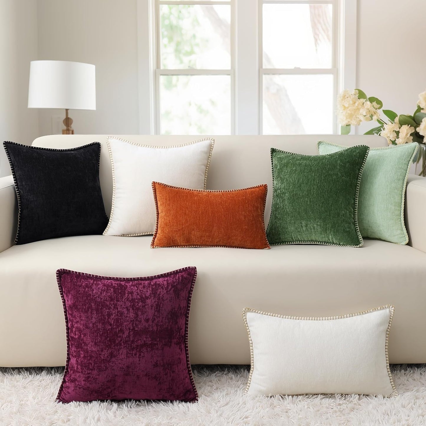 decorUhome Chenille Soft Throw Pillow Covers 22x22 Set of 2, Farmhouse Velvet Neutral Decorative Euro Pillow Covers with Stitched Edge for Couch Sofa Bed Home Decor, Black