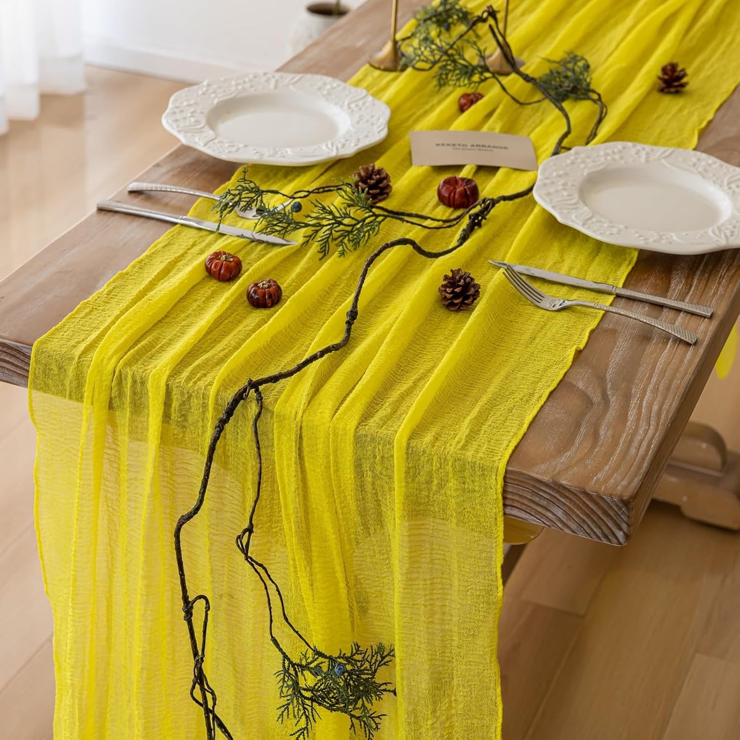 Yellow Table Runner Rustic Gauze Cheesecloth Table Runner 120 Inch 10 FT for Wedding Baby Shower Bridal Shower Engagement Garden Party Long Sheer Home Decorations