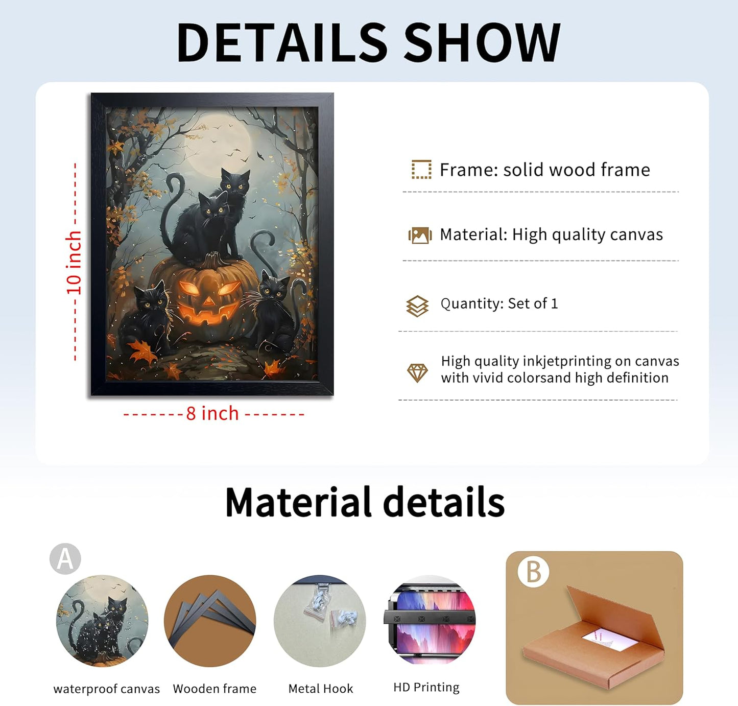 Halloween Black Cat Wall Art, Dark Academia Spooky Pumpkin Poster Wall Decor, Vintage Gothic Witchy Cat Canvas Print, for Bedroom Living Room Aesthetic Decor 8x10 Inch Wood Framed