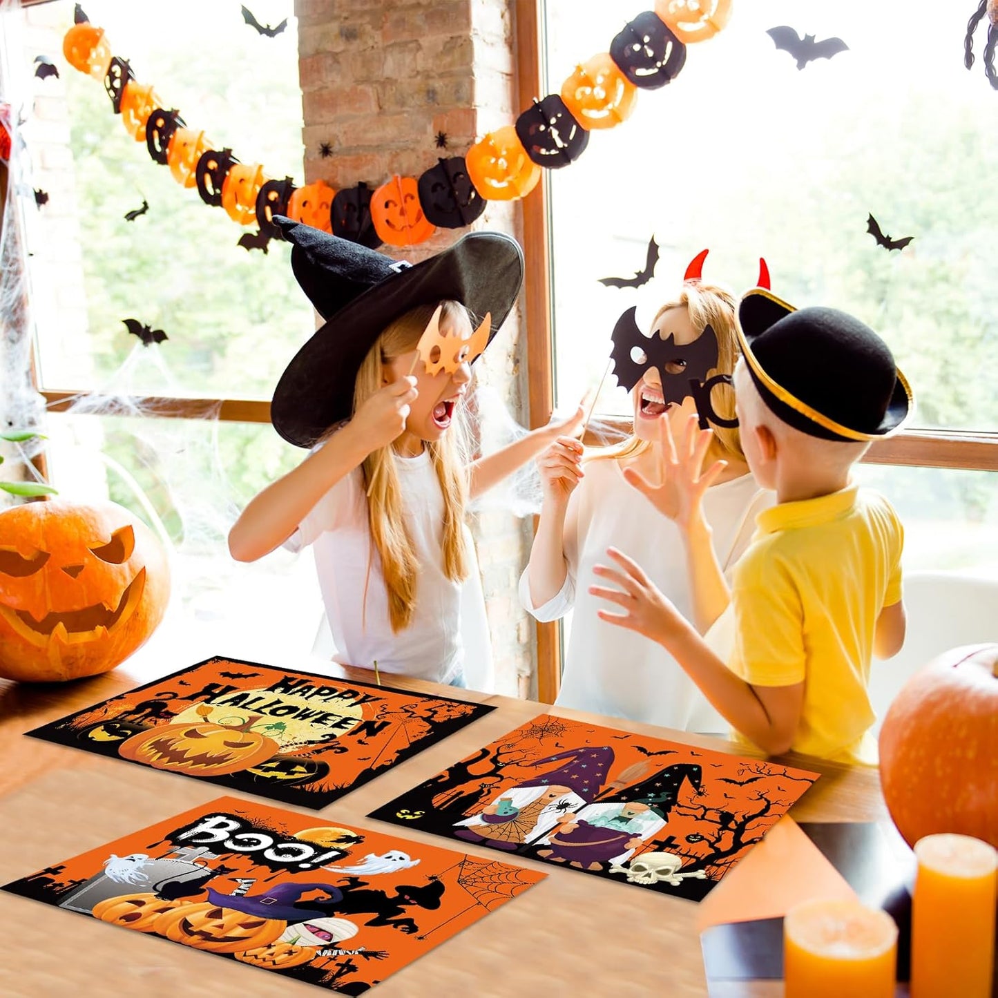 Plastic Placemats Set of 6 Halloween Table Mats - Trick or Treat Kitchen Decor - Wipe Clean, Washable, Recyclable - Orange Place Mats for Indoor/Outdoor - Heat Resistant - Kitchen/Dining Table