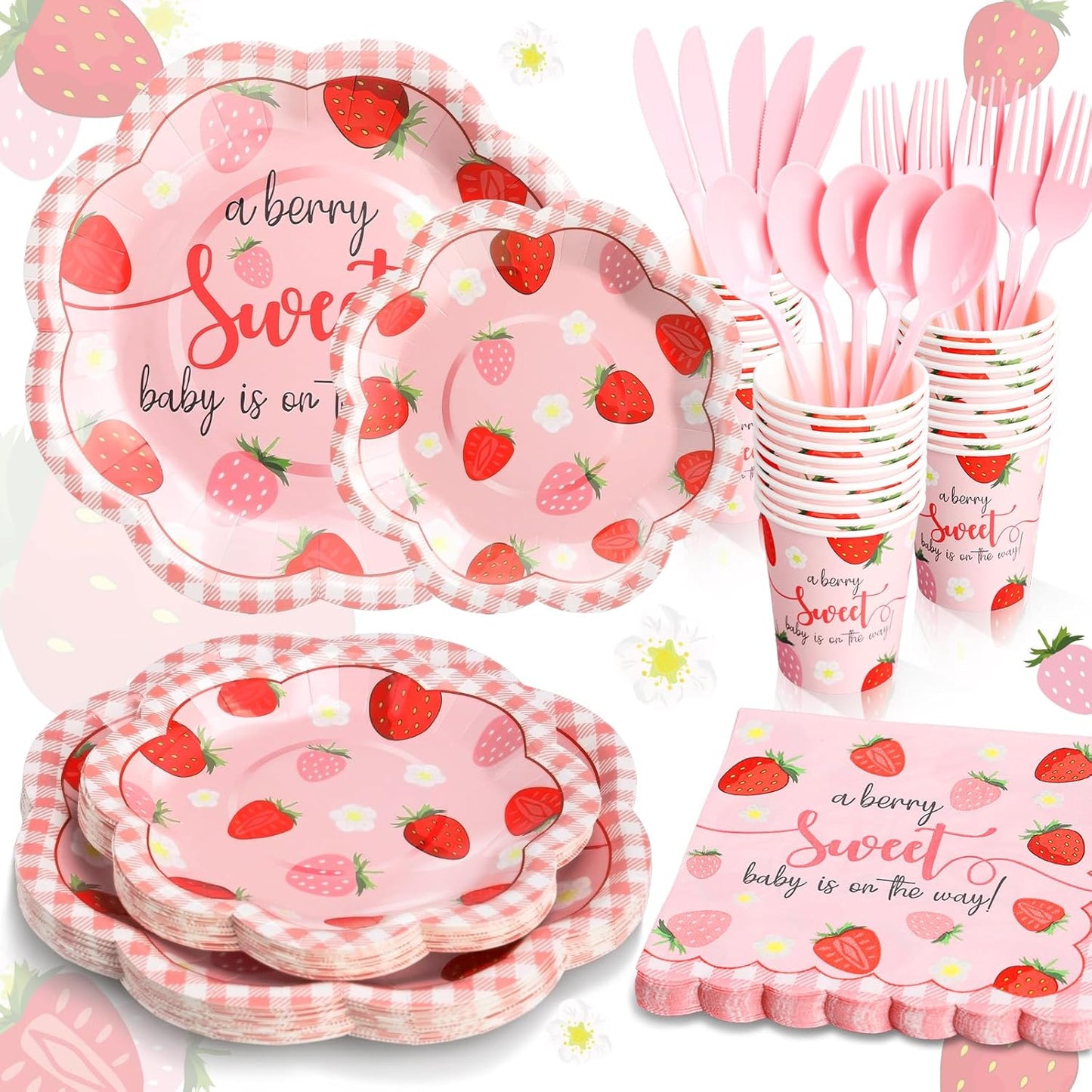 Strawberry Baby Shower Decorations for Girl, Berry Sweet Baby Shower Plates and Cups and Napkins Sets Serves 24, Strawberry Plates, A Berry Sweet Baby Is On The Way Decorations, Girl