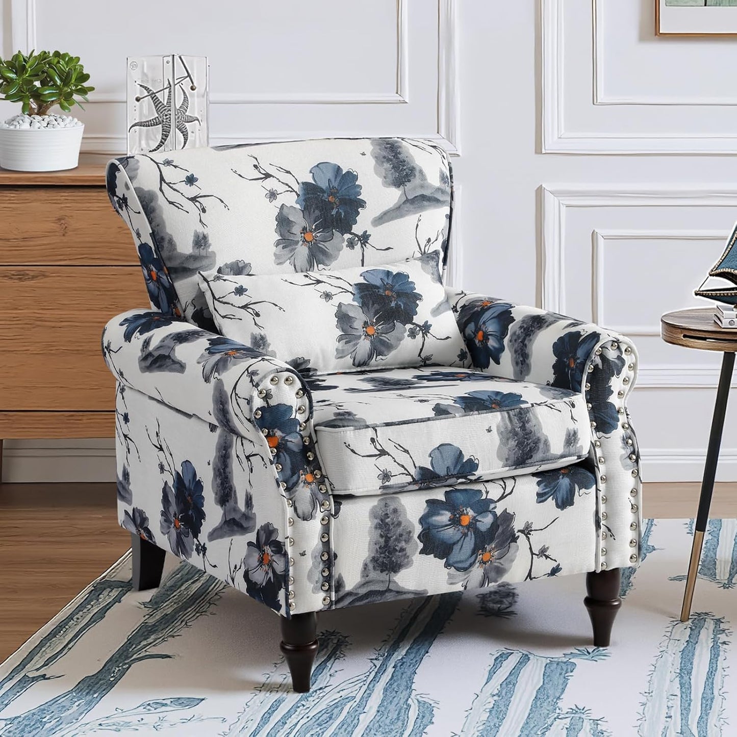 Wingback Accent Chair with Removable Pillow, High Back Floral Armchair with Solid Wood Legs & Nailhead Trim, Comfy Upholstered Reading Single Sofa Chair for Bedroom (1, Ink Blue Pattern)