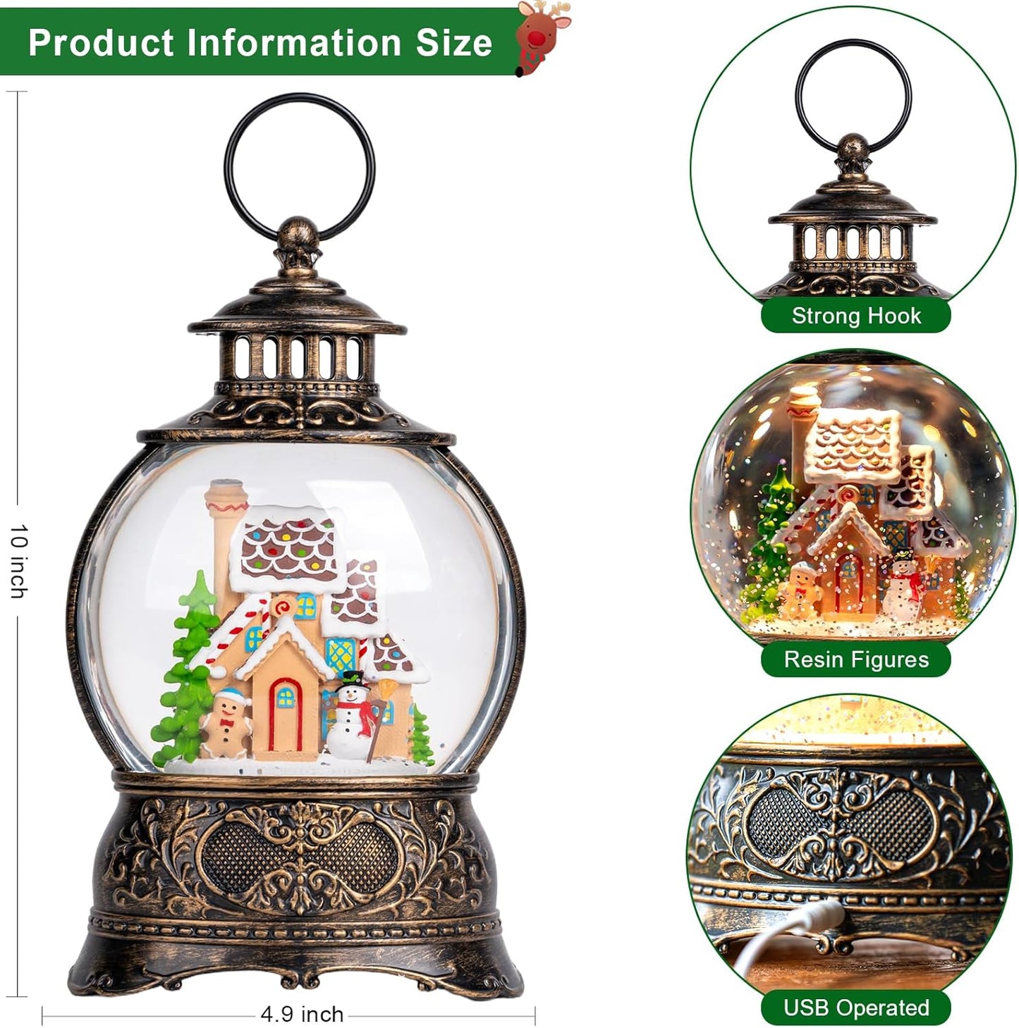 Christmas Snow Globes Christmas Water Lantern with Gingerbread Man & Snowman, Music & 6H Timer, USB Lined/Battery Operated Lighted Lanterns for Xmas Festival Decoration Gifts