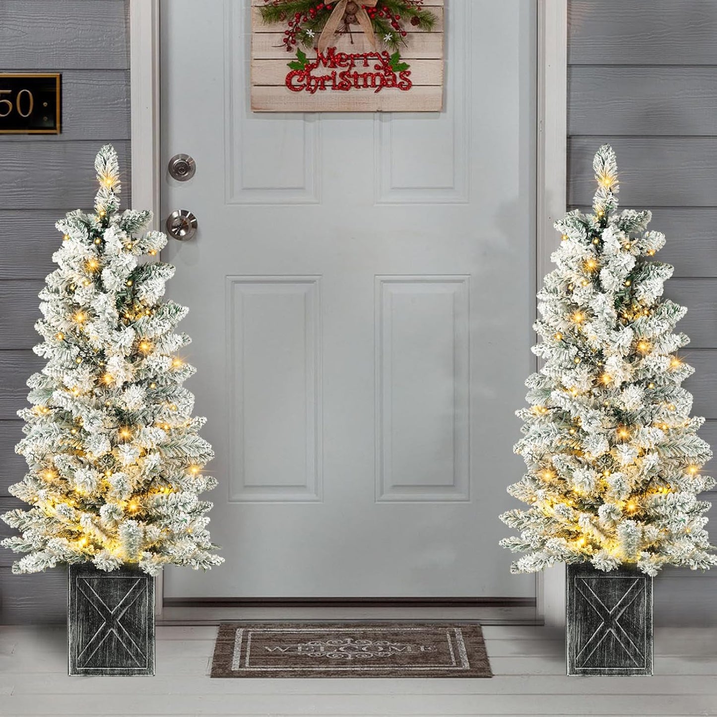 Set of 2 Christmas Trees with Lights 4-FT Artificial Potted Porch Snow Flocked Christmas Tree Battery Powered with 8 Modes and Timer for Indoor Outdoor