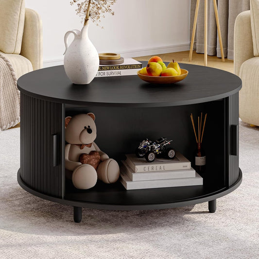 Round Coffee Table with Storage, 31.5" Modern Coffee Table with 360° Curved Sliding Door, Fluted Wood Accent Coffee Table with Adjustable Footpads, Round Center Table for Living Room, Black
