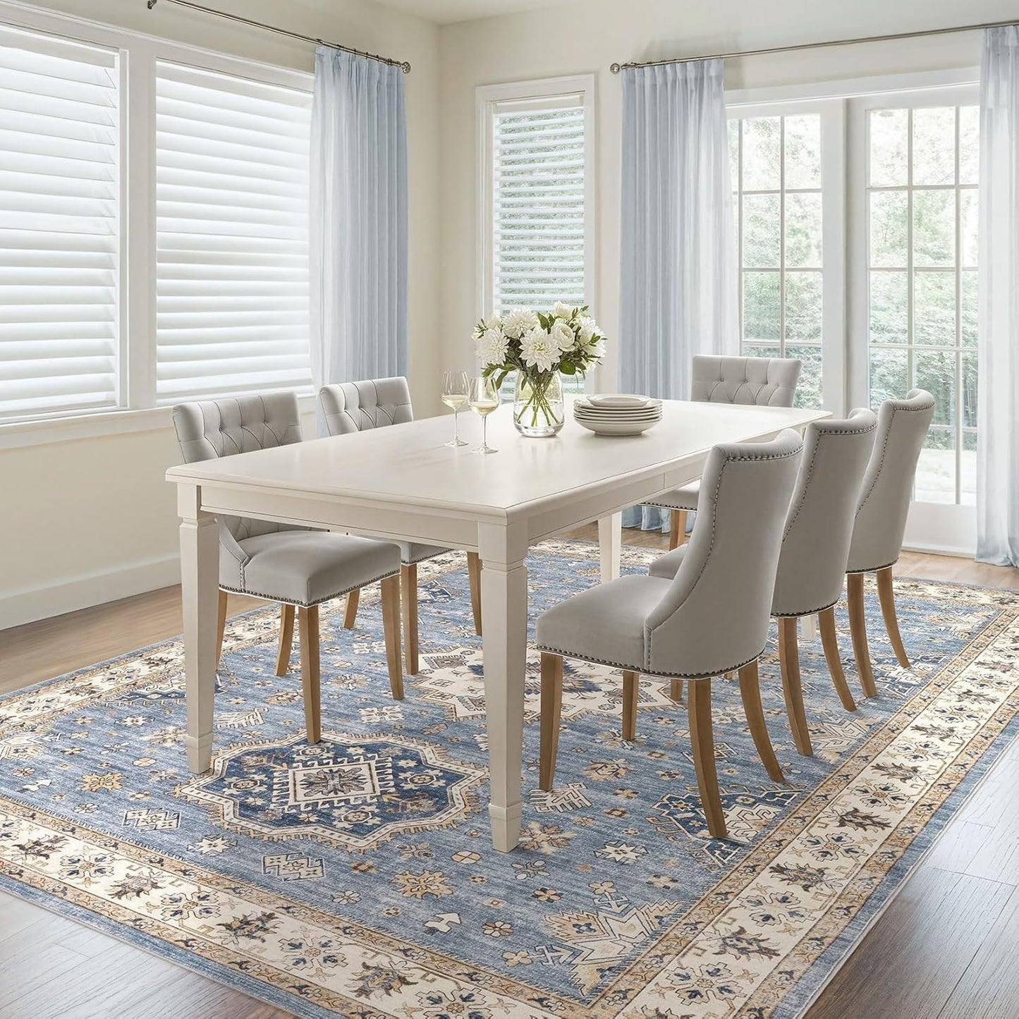 Washable Area Rugs for Living Room - 7x9 Neutral Vintage Distressed Floral Farmhouse Boho Large Soft Floor Rug Indoor Non Slip Carpet for Living Room Bedroom Dining Room Office - Blue