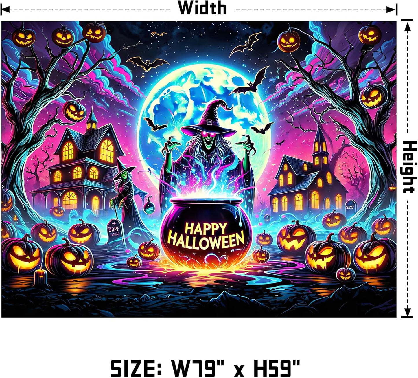 AOHMPT Glow-in-the-Dark Halloween Tapestry - UV Reactive Black Light Wall Hanging Decor for Spooky Parties, Bedroom, Living Room (Witch-Haunted House, 79L x 59W, Unframed)