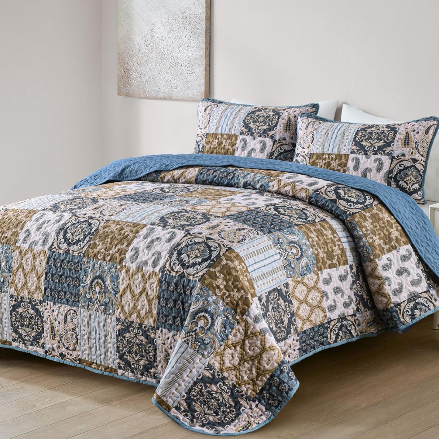WONGS BEDDING Boho Quilt Set Queen Size, Blue Patchwork Plaid Bedspread Bedding Sets Paisley Soft Microfiber Quilts for Queen Bed 3 Pieces Coverlet Set for All Season (96"x90")