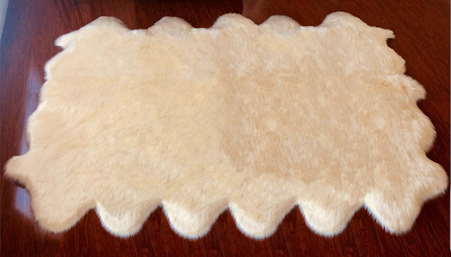 LAMBZY Faux Sheepskin Hypoallergenic Free Shape Silky Shag Rug, Luxury Shaggy Plush Carpet for Bedrooms Rugs Living Room Kids Rooms Sofa Floor, Duo Decto 12 Pelts 6'x12' Cream