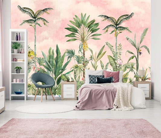 Watercolor Pink Tropical Botanical Leaf Wallpaper Mural for Nursery Girls Bedroom (Not Peel and Stick)