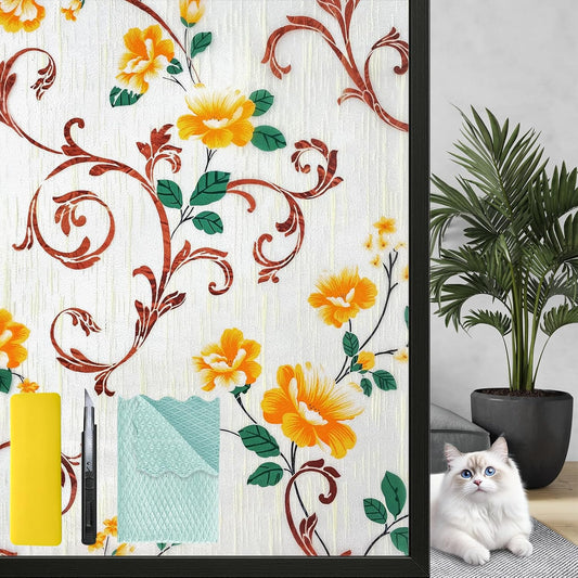 Niviy Stained Glass Window Privacy Film 3D Frosted Glass Window Decals UV Protection Sun Blocking Static Clings Non Adhesive Window Stickers for Home 11.8 x 78.7 inch