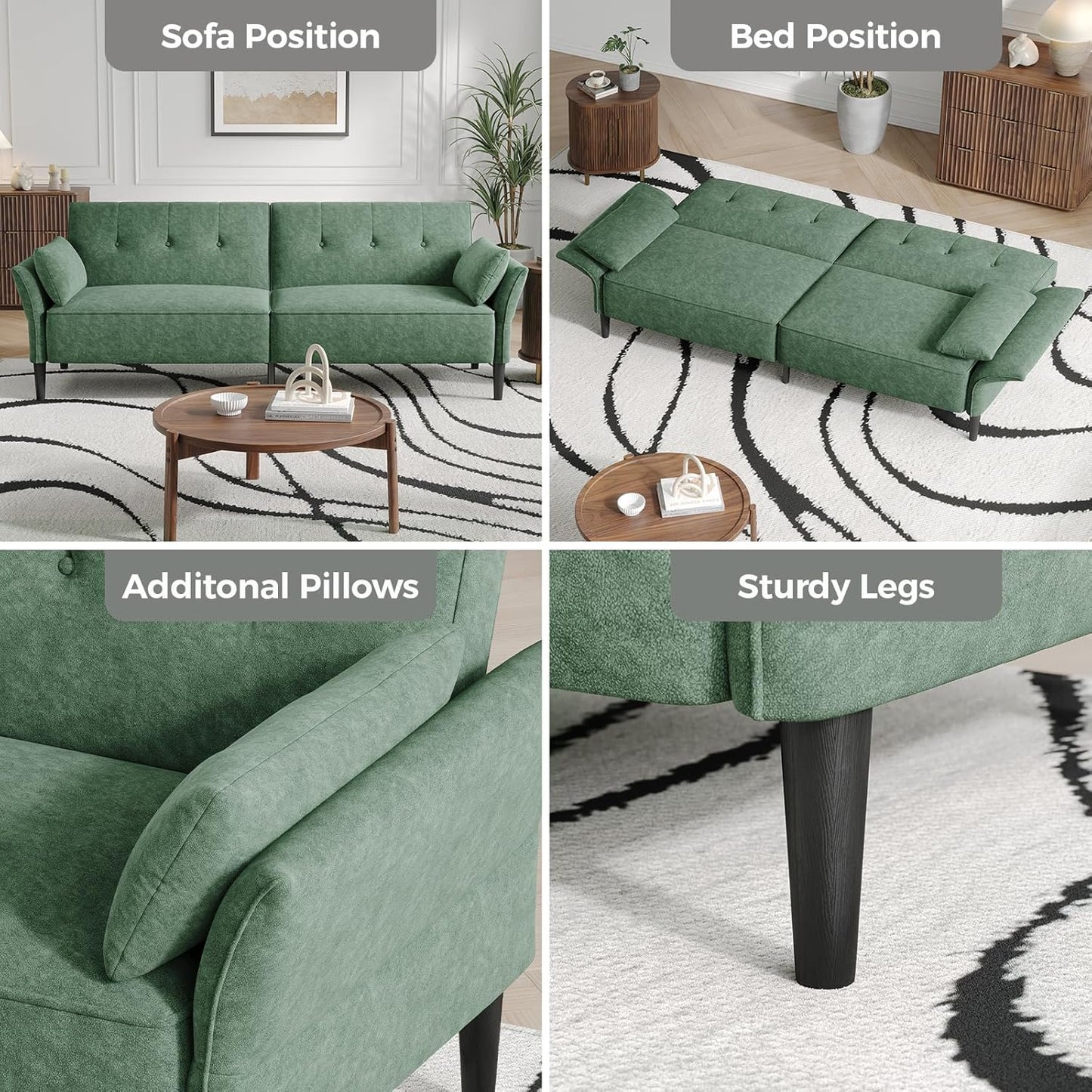 89” Futon Sofa Bed, Comfy Futon Couch Bed with 2 Square Pillows, Convertible Sleeper Sofa with Adjustable Backrest& Armrests, Modern Loveseat Sleeper for Living Room, Bedroom,Light Green