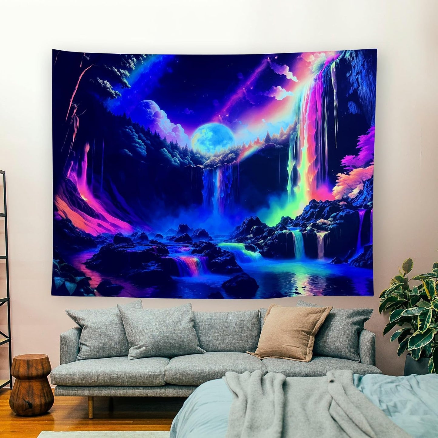 OSVINO Blacklight Rainbow Waterfall Tapestry 90"x70" UV Reactive Trippy Wall Hanging Rainbow Aesthetic Waterfall Wall Posters Bedroom Spiritual Room Decor