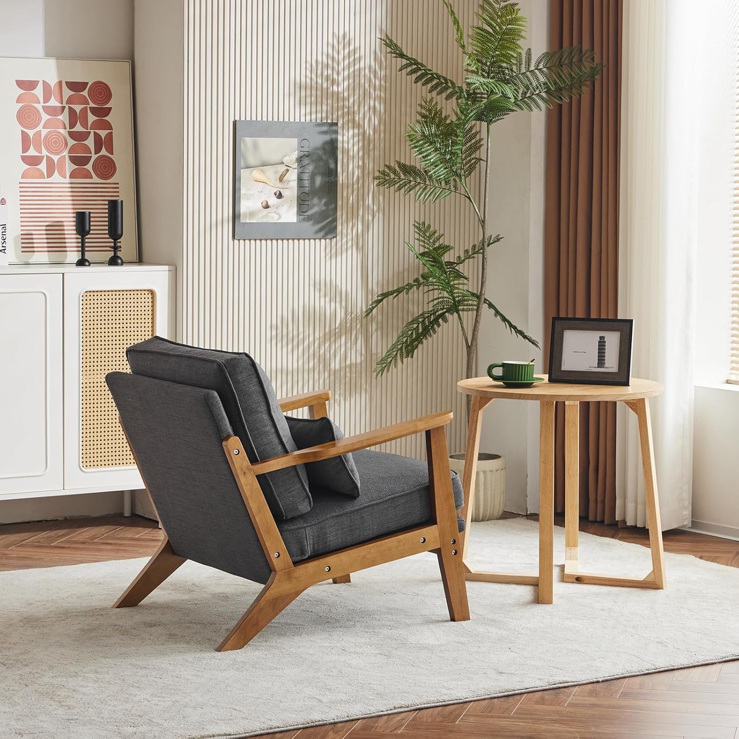 Karl home Accent Chair Wide Armrest Mid-Century Lounge Chair Linen Fabric Armchair with Lumbar Pillow & Solid Wood Frame for Living Room, Bedroom, Balcony, Gray