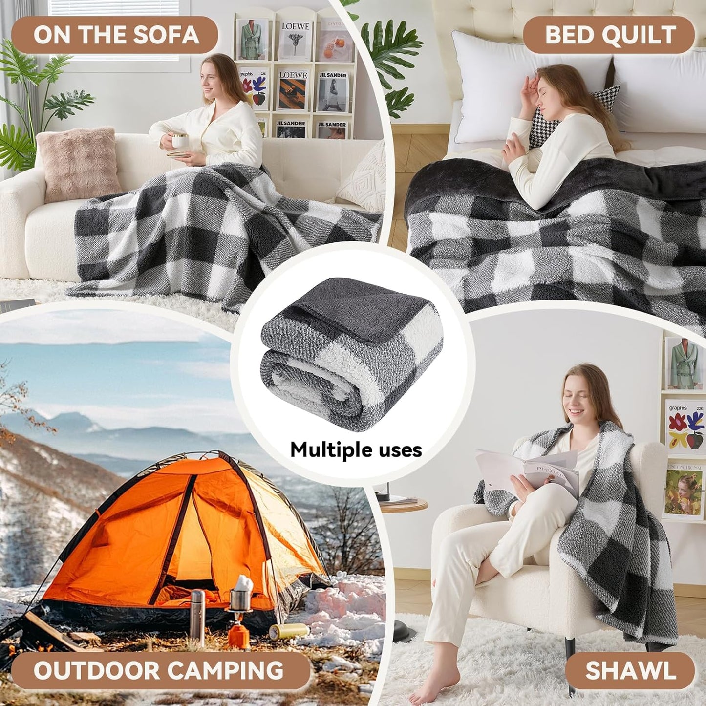 LURKA Checkered Sherpa Fleece Twin-Size Bed Blanket - Extra Thick and Warm Winter Soft Fuzzy Plush Blanket for Couches, Beds & Pets, Smoke Grey, 60x80 Inches