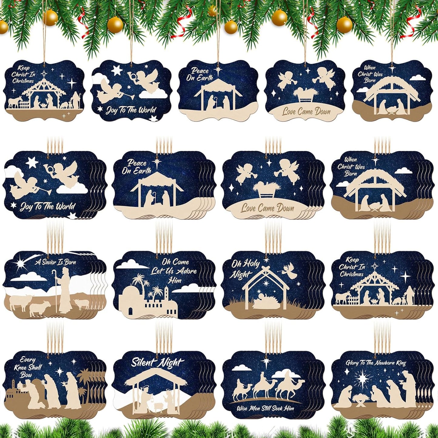 Soaoo 60 Pcs Nativity Scene Christmas Tree Ornament Christian Religious Ornaments Bulk Round Nativity Xmas Tree Hanging Wooden Decorations for Garden Yard Outdoor Home (Square Style)